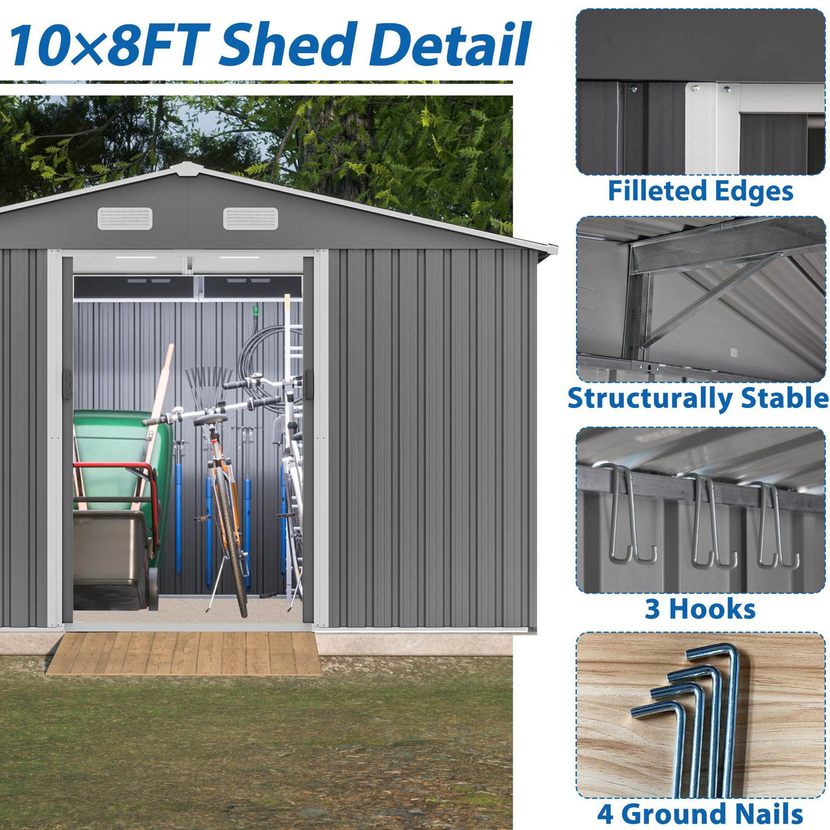 10X8 FT Outdoor Storage Shed, Metal Foundation & Lockable Doors, Tool Shed For Garden, Patio, Backyard, Lawn, Grey - Decindoor