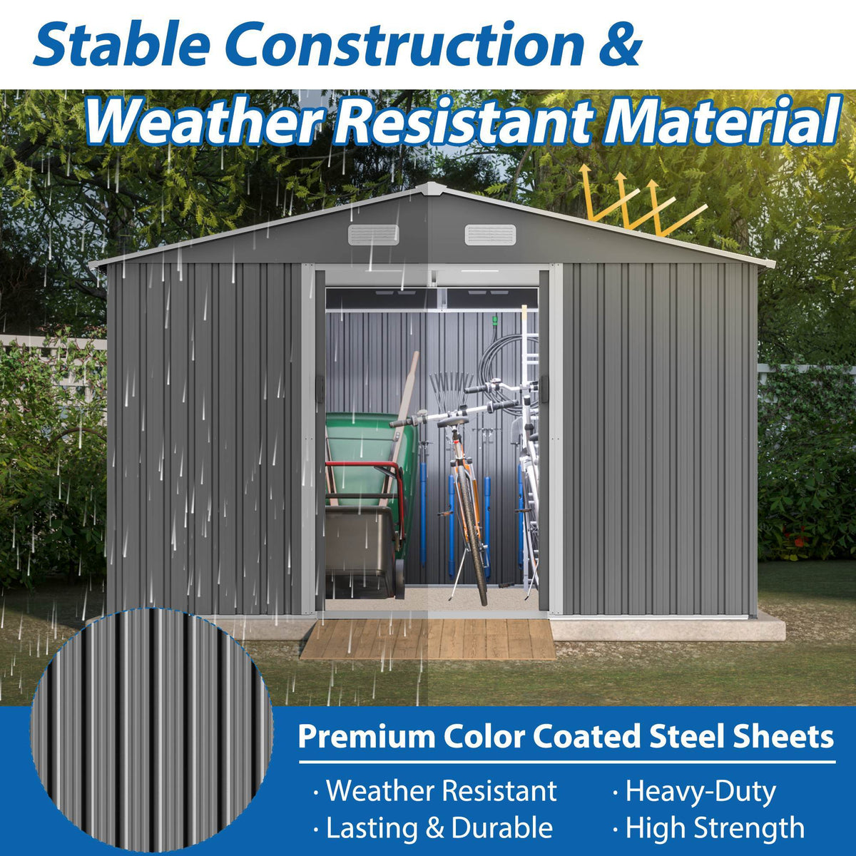 10X8 FT Outdoor Storage Shed, Metal Foundation & Lockable Doors, Tool Shed For Garden, Patio, Backyard, Lawn, Grey - Decindoor