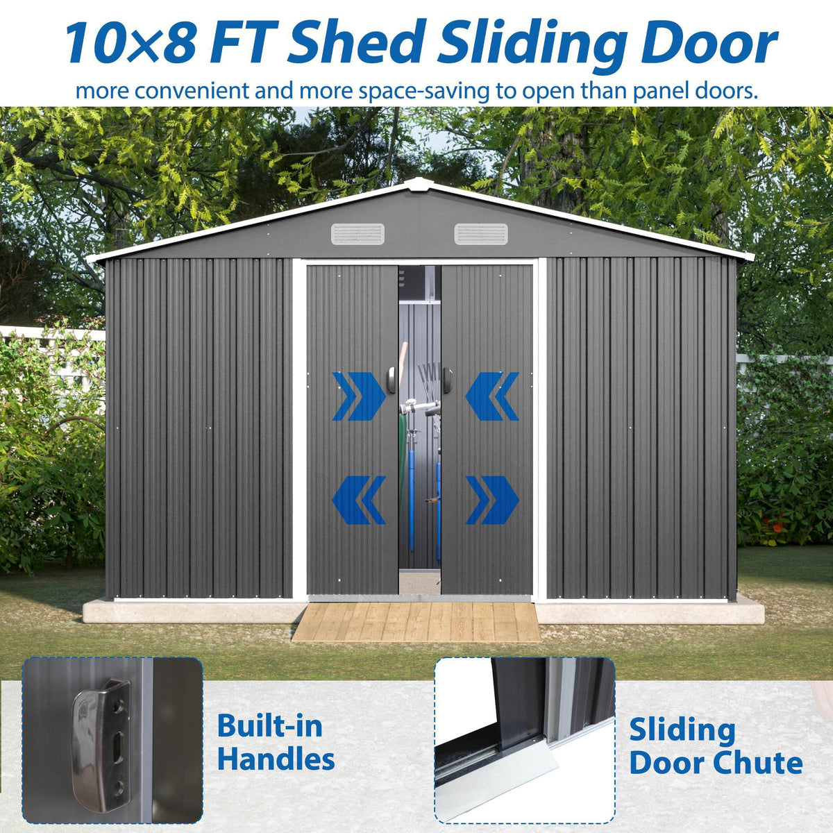 10X8 FT Outdoor Storage Shed, Metal Foundation & Lockable Doors, Tool Shed For Garden, Patio, Backyard, Lawn, Grey - Decindoor