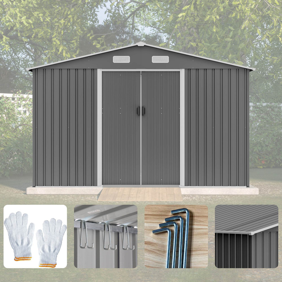 10X8 FT Outdoor Storage Shed, Metal Foundation & Lockable Doors, Tool Shed For Garden, Patio, Backyard, Lawn, Grey - Decindoor