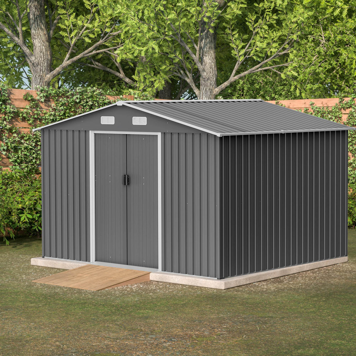 10X8 FT Outdoor Storage Shed, Metal Foundation & Lockable Doors, Tool Shed For Garden, Patio, Backyard, Lawn, Grey - Decindoor