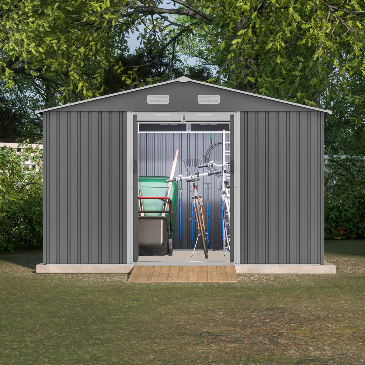 10X8 FT Outdoor Storage Shed, Metal Foundation & Lockable Doors, Tool Shed For Garden, Patio, Backyard, Lawn, Grey - Decindoor