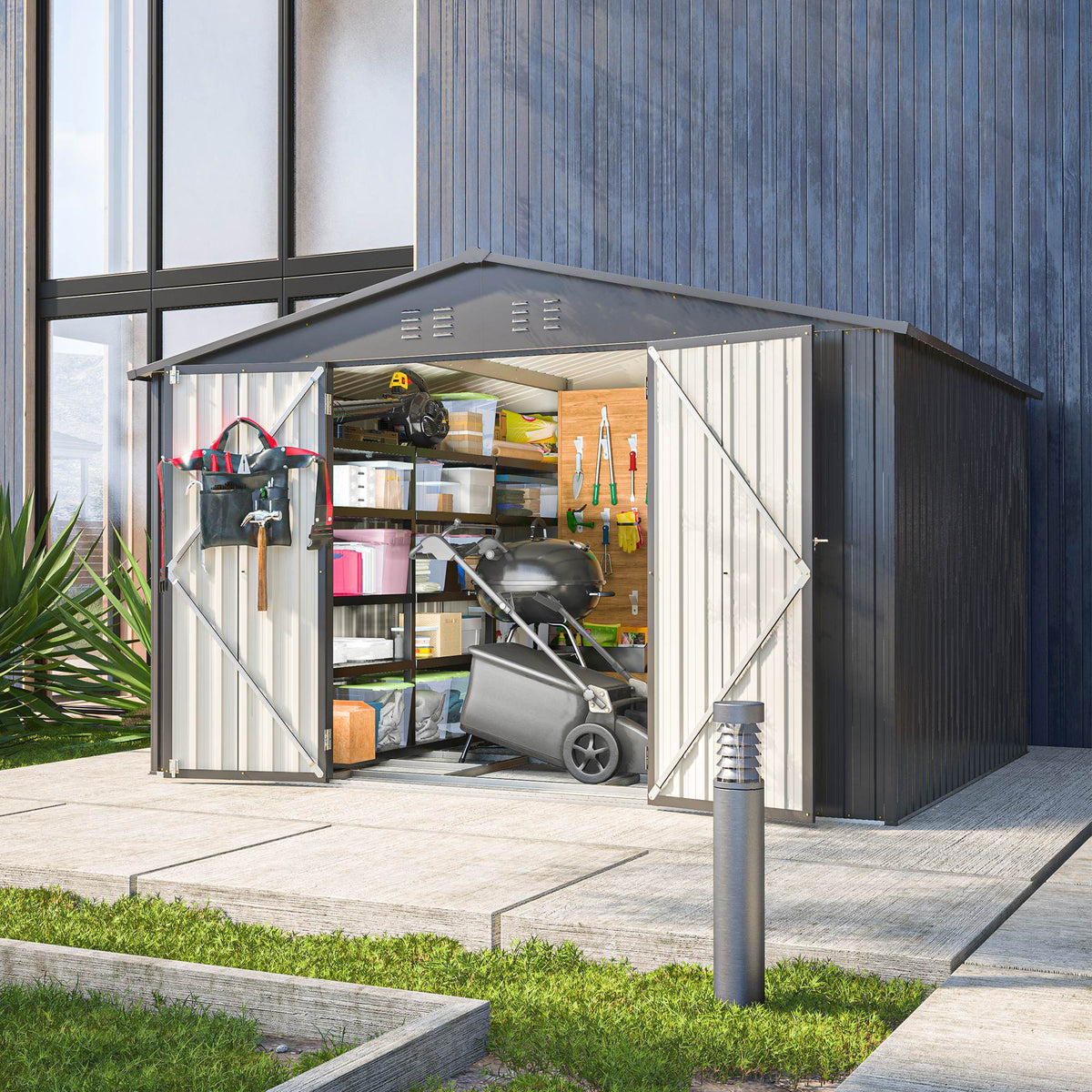 10X8 FT Outdoor Storage Shed, All Weather Metal Sheds With Lockable Doors, Tool Shed For Garden, Patio, Backyard, Lawn, Black - Decindoor