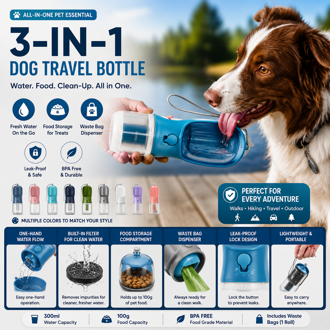3-in-1 dog travel water bottle with food and waste bag storage