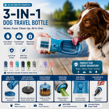 3-in-1 dog travel water bottle with food and waste bag storage