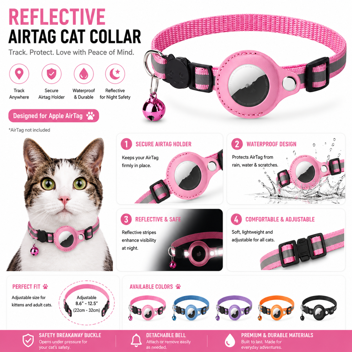 Adjustable AirTag pet collar suitable for kittens and adult pet