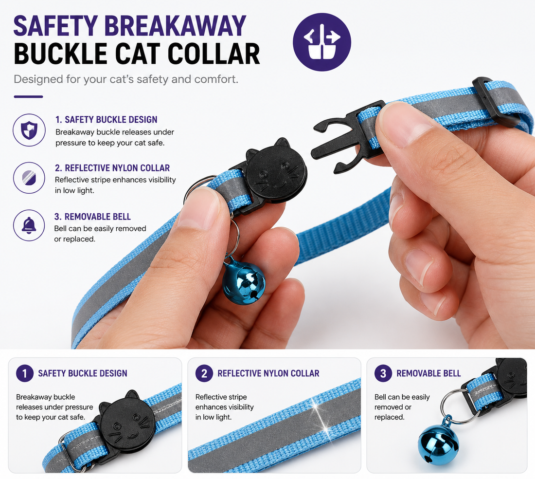 Blue reflective AirTag pet collar with secure tracker holder and bell