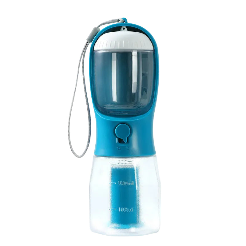 3-in-1 dog travel water bottle with food and waste bag storage
