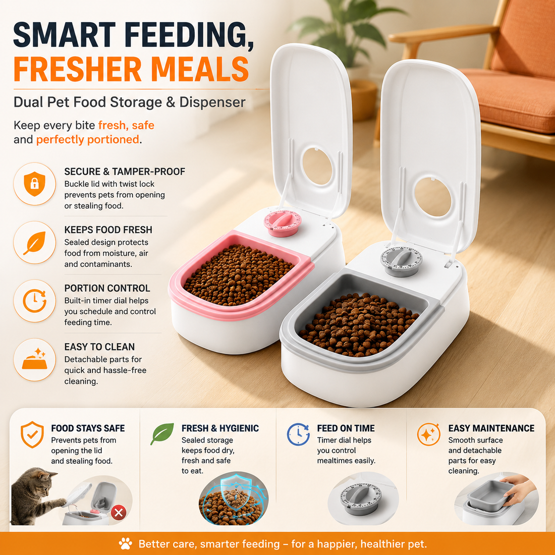 Automatic pet feeder for dogs and cats with timed feeding compartments