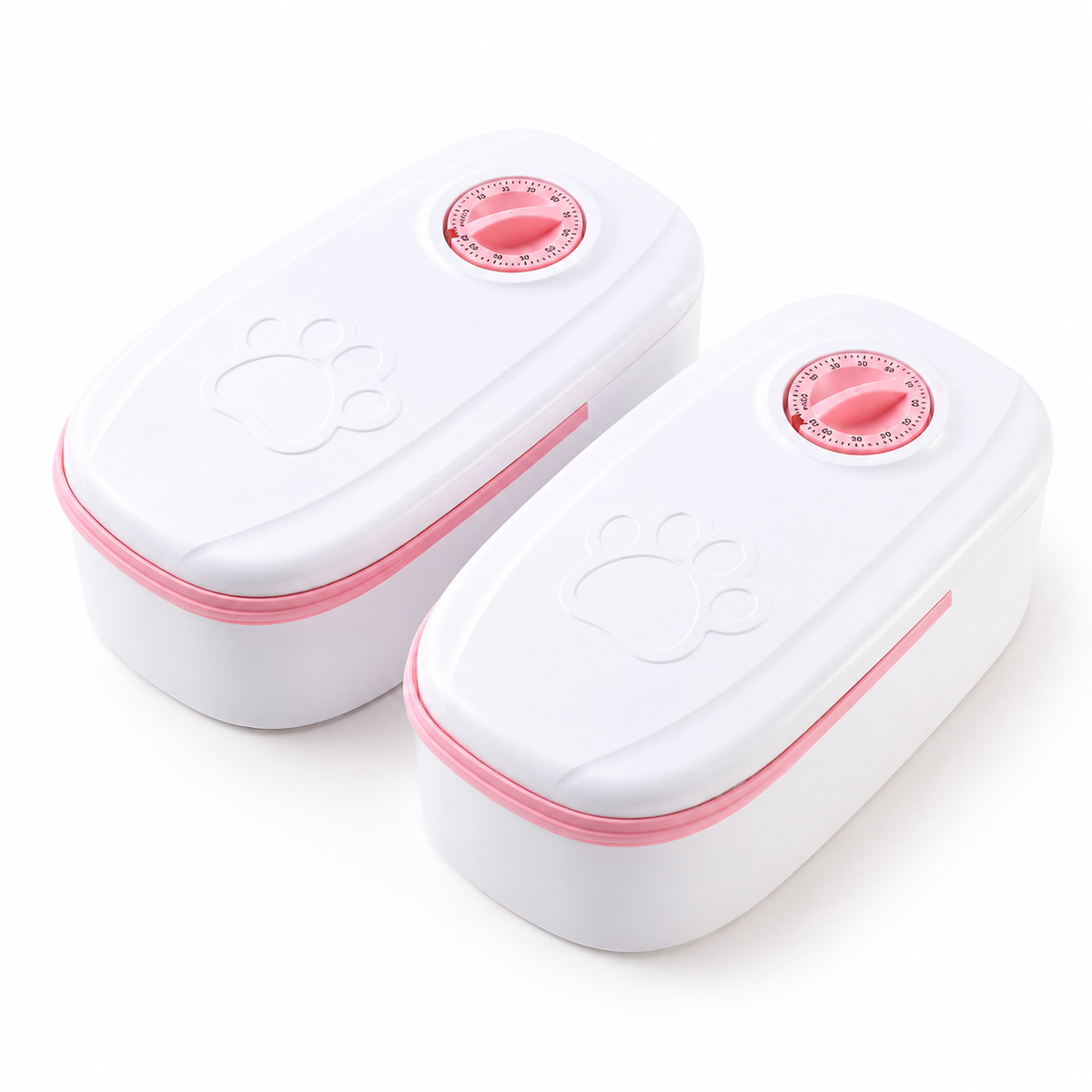 Pink automatic pet feeder with dual feeding compartments for pets
