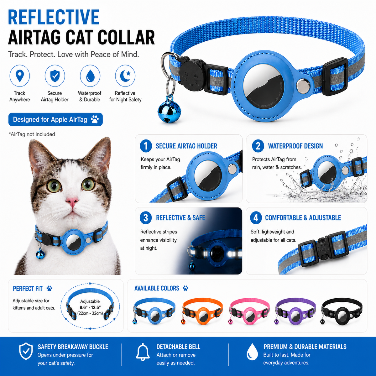 Durable premium nylon reflective AirTag cat collar