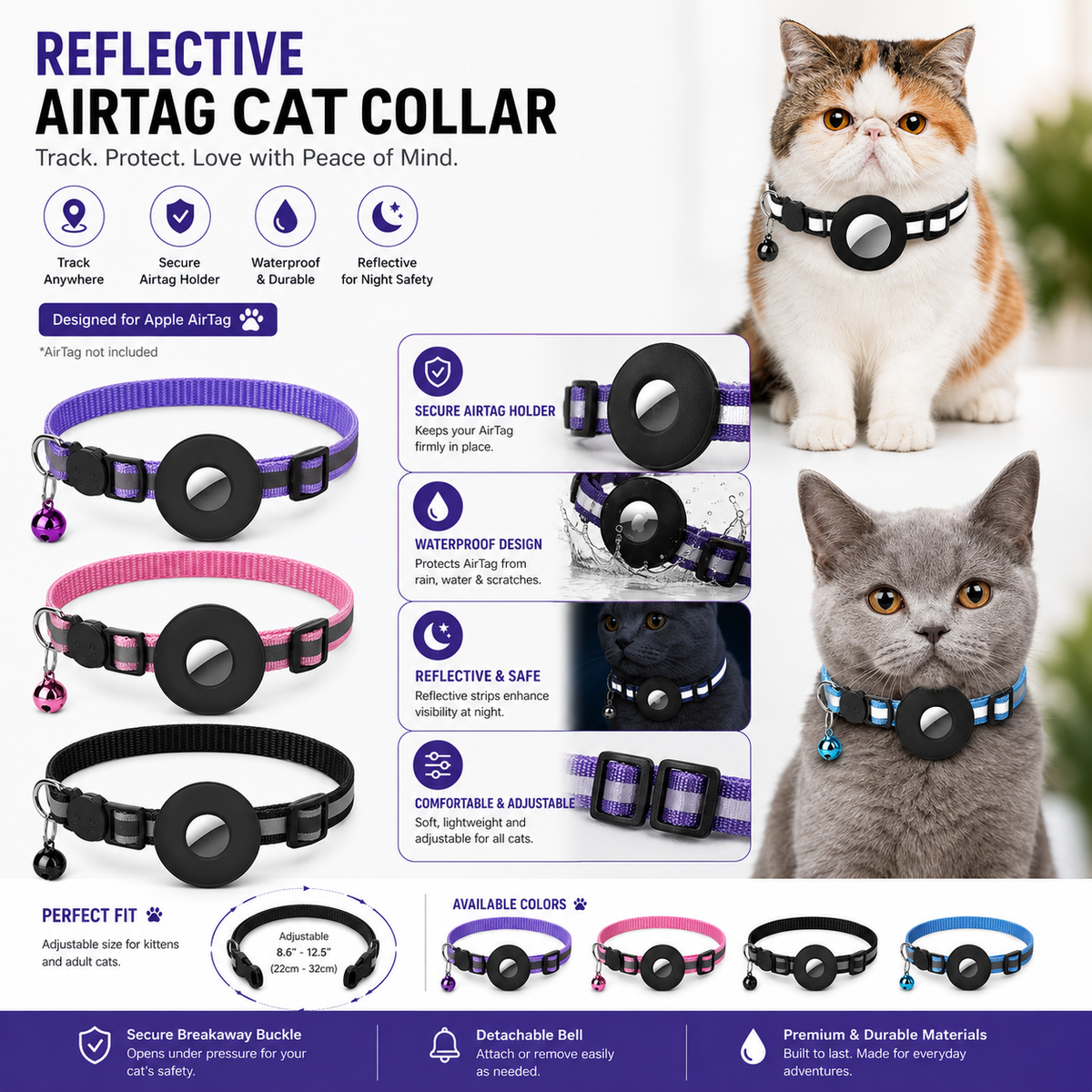 Blue reflective AirTag pet collar with secure tracker holder and bell