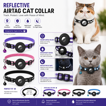 Blue reflective AirTag pet collar with secure tracker holder and bell