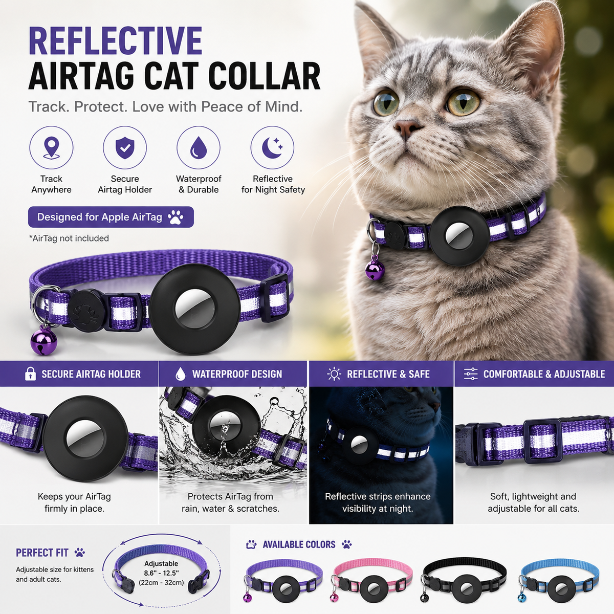 Reflective AirTag pet collar with waterproof tracking holder