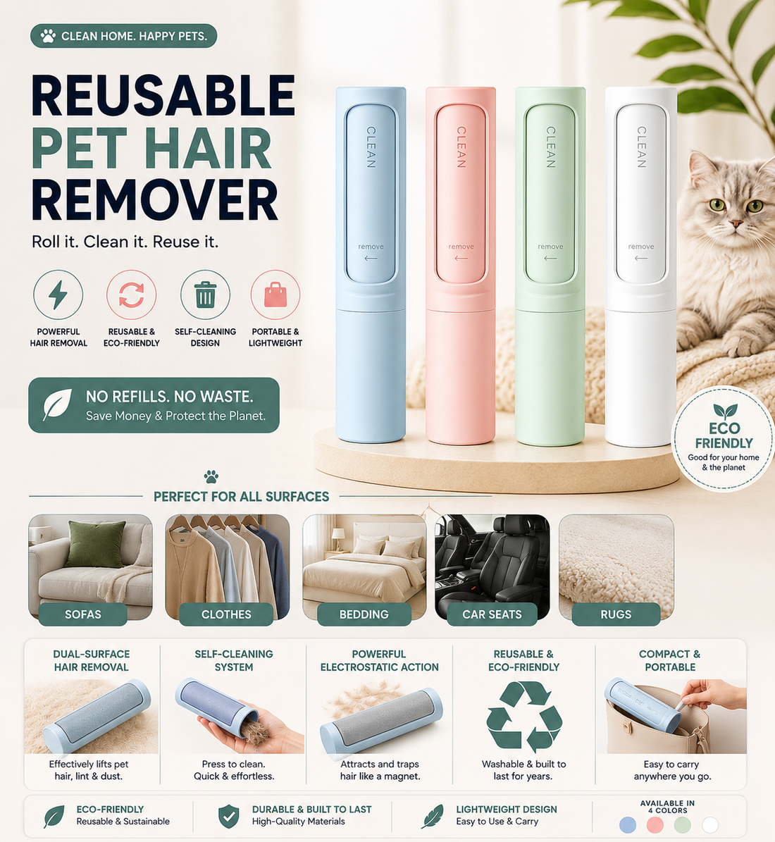 Reusable pet hair remover roller for dogs and cats