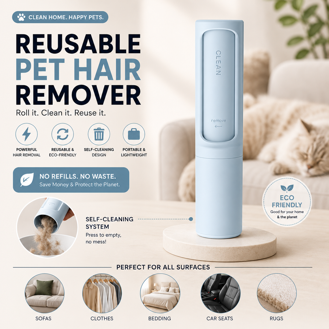 Reusable pet hair remover roller for dogs and cats
