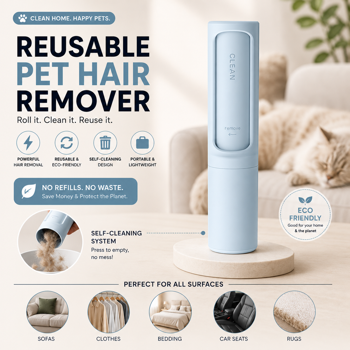 Reusable pet hair remover with self-cleaning lint roller for removing cat and dog fur from furniture, clothing, bedding, and car seats