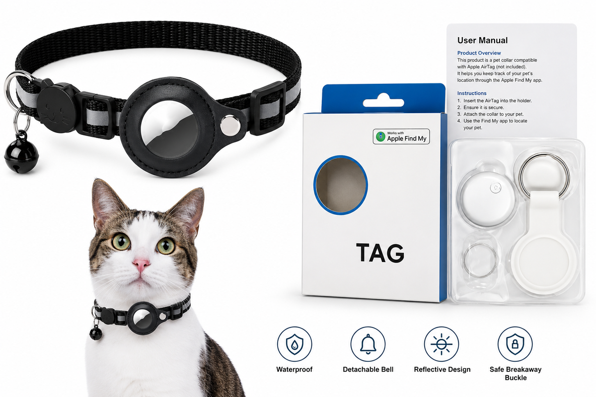 Secure AirTag holder built into reflective pet collar